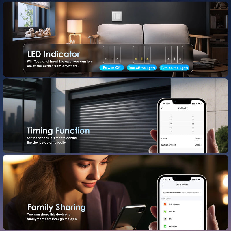 BSEED E Series Zigbee Shutter Switch Smart Click Button Switch for Blinds Plastic Frame Support Tuya Smart Life Alexa Control