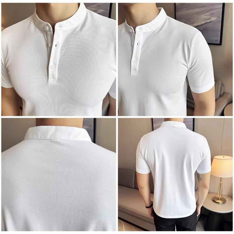 2025 New Men's Army Green Henley Polo Shirt – Summer Thin-style Breathable Short-Sleeve T-Shirt (Black/Beige/Gray, Sizes M-3XL)