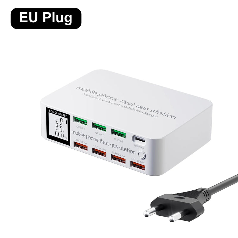 ឆ្នាំងសាក USB C 8 រន្ធ សាកលឿន QC3.0 PD3.0 ពហុ USB LCD អេក្រង់ឌីជីថល ស្ថានីយ៍សាកថ្មសម្រាប់ iPhone 17 16 Android