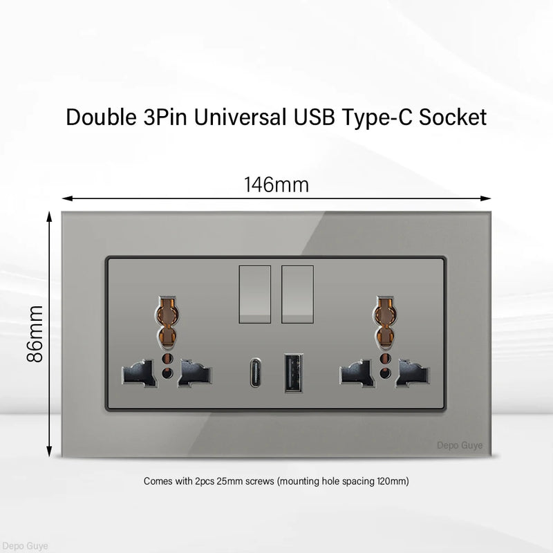 Grey UK 13A Tempered Glass USB Type C 18W Quick Charge Socket,Dual Universal Power Outlet,Home Light Electric Switch Panel