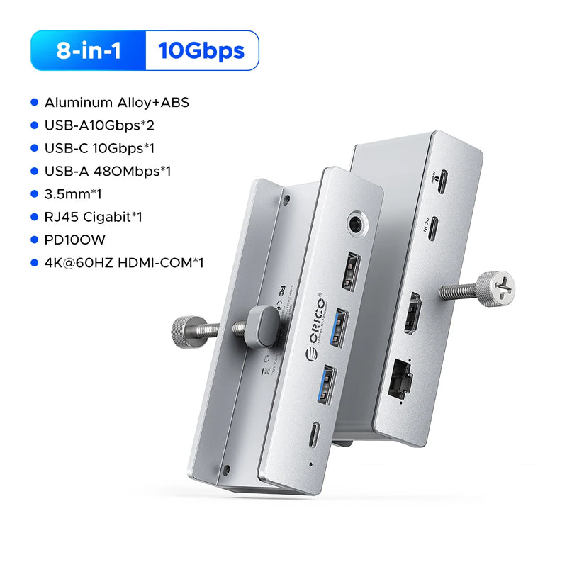 ORICO Aluminum 8 in 1 USB Clip Hub With Power Supply Suitable for High Speed 10GBPS Data Transmission on MAC OS PC