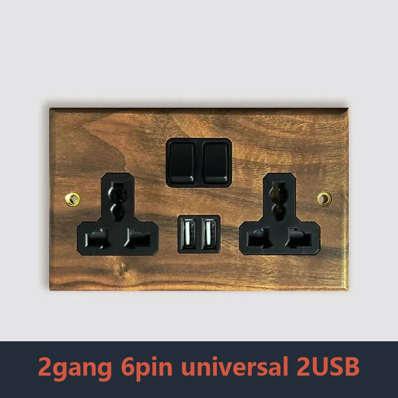 Retro Uk 13A Wall 2gang2way Light Switch,antique Villa High Power USB C Fast Charging Solid Wood Socket,home Speed Dimming Panel