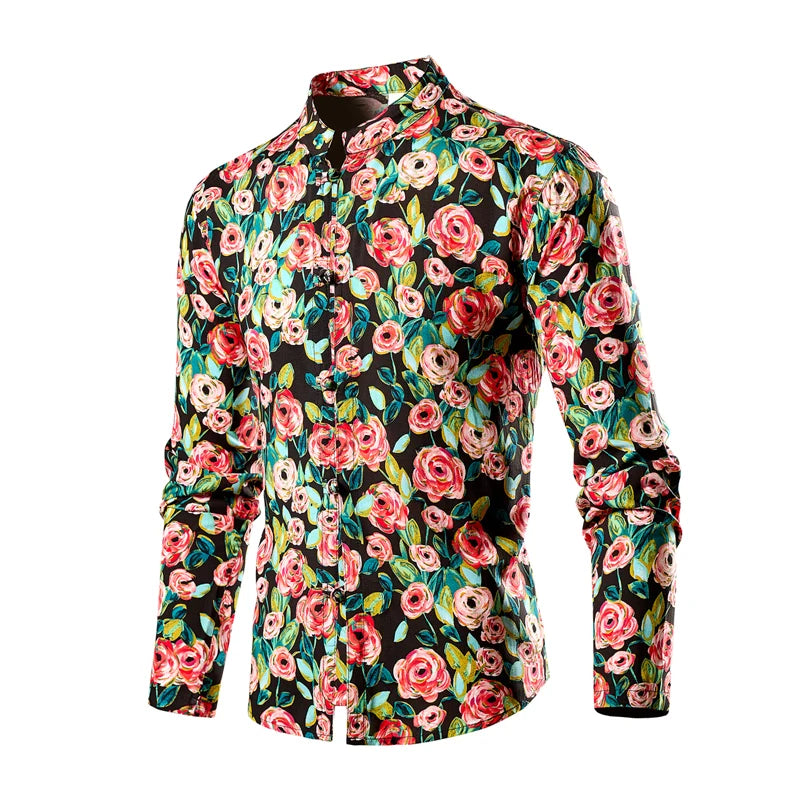 Chinese Style Men's Red Stand-up Collar Long-sleeved Shirt, Single-breasted Printed Shirts, Fashion Casual Camisas. New 2026