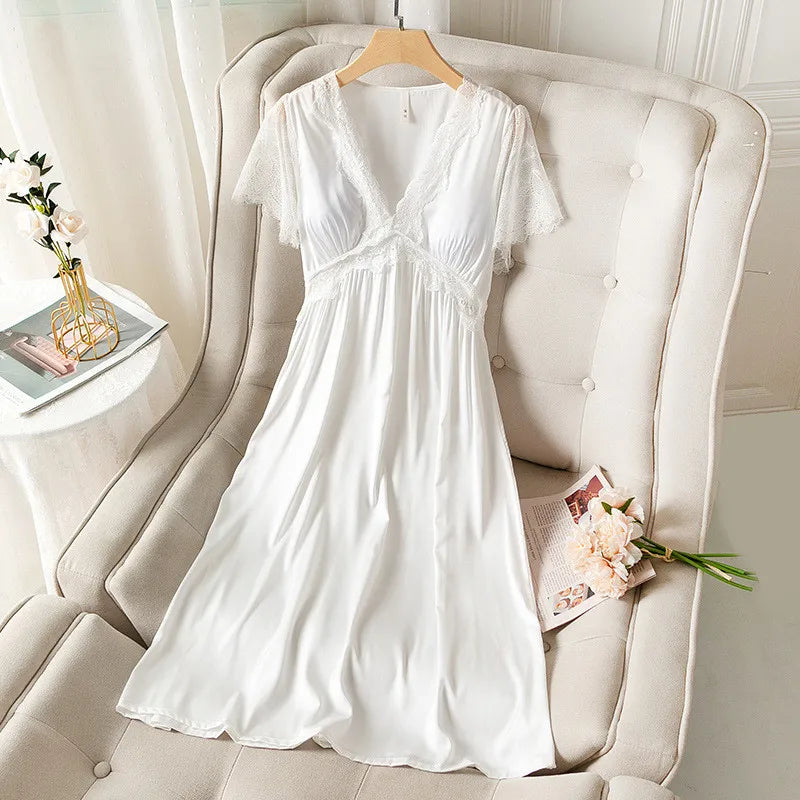 Fdfklak Sexy Silk Satin Thin Short-Sleeved Nightdress Women's Summer Nightgown New Princess Lace Ladies Sleepwear Nightshirt