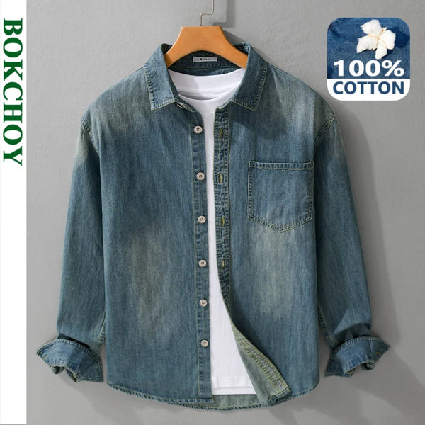 2026 Autumn New 100% Cotton Vintage Denim Shirt for Men Clothing Long Sleeve Big Pockets Male Shirts FY8047