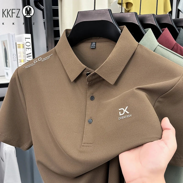 Mens Classic Short Sleeve Polo Shirt Lapel Style Chest Embroidery Detail Breathable Top For Daily Commute And Outdoor Use