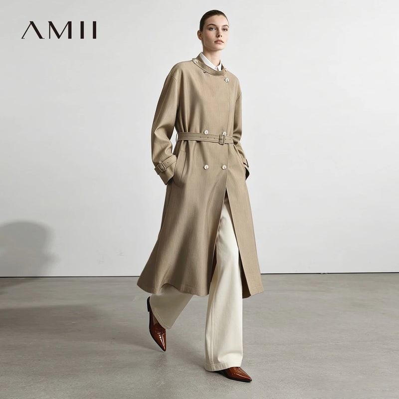 Amii Women's Long Trench Coat Stand Collar Double-Breasted Belted Oversized Satin Shine Commuter Autumn Woman Clothes 12653024