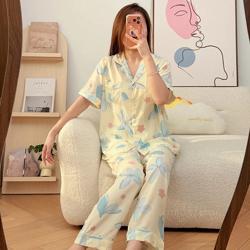 Floral Short Sleeve Sleepwear Female Nightwear Pyjamas Women Summer Pajamas Lapel Top Trousers Home Suit Loungewear Set Pijama