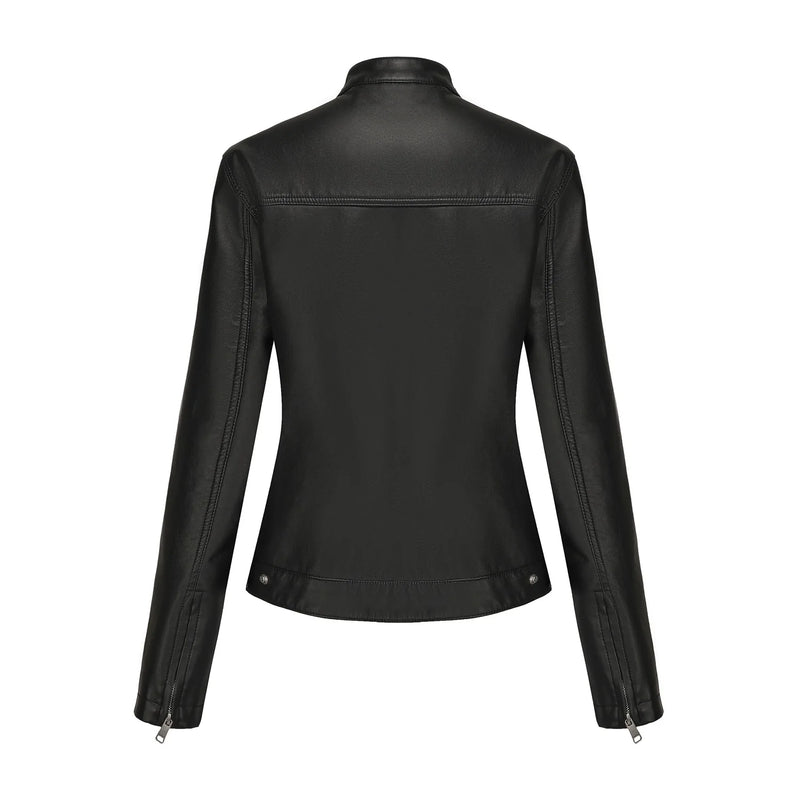 2026 New Women's Black Fitted Leather Jacket with Front Zipper & Side Pockets‌, Available in Brown, Navy Blue, and Beige.