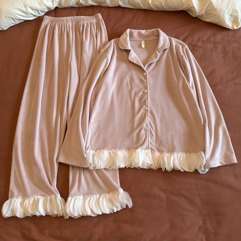 Double-sided Velvet Women Pajama Spring Autumn Winter Warm Long-sleeved Lace Soft Chest Pad Sleepwear Set Women's Home Clothes