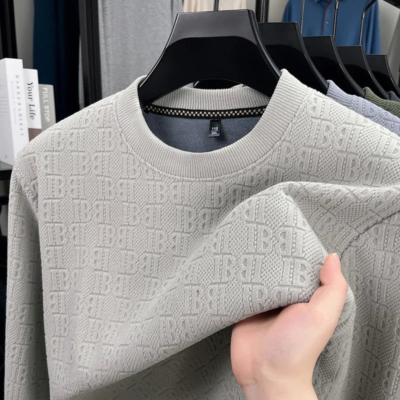Mens Winter Long Sleeve Knit Top All Over Embossed Pattern Fleece Lined Round Collar Comfort Business Shirt