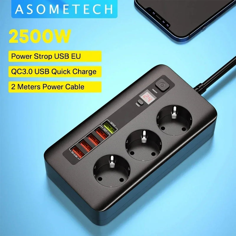 រន្ធដោតភ្លើង 2500W ចំនួន 3 របស់ EU សាកលឿនសម្រាប់កុំព្យូទ័រលើតុ QC3.0 USB Charger Hub ស្ថានីយ៍សាកលឿនសម្រាប់ iPhone Samsung Laptop