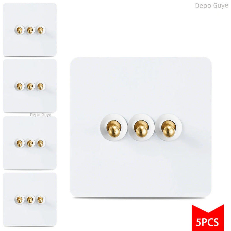 5/10 PCS 86 Type Retro White Wall Lamp Brass Lever Toggle Switch 1/2/3/4 Gang 2Way Stainless Steel Wall Panel Switch