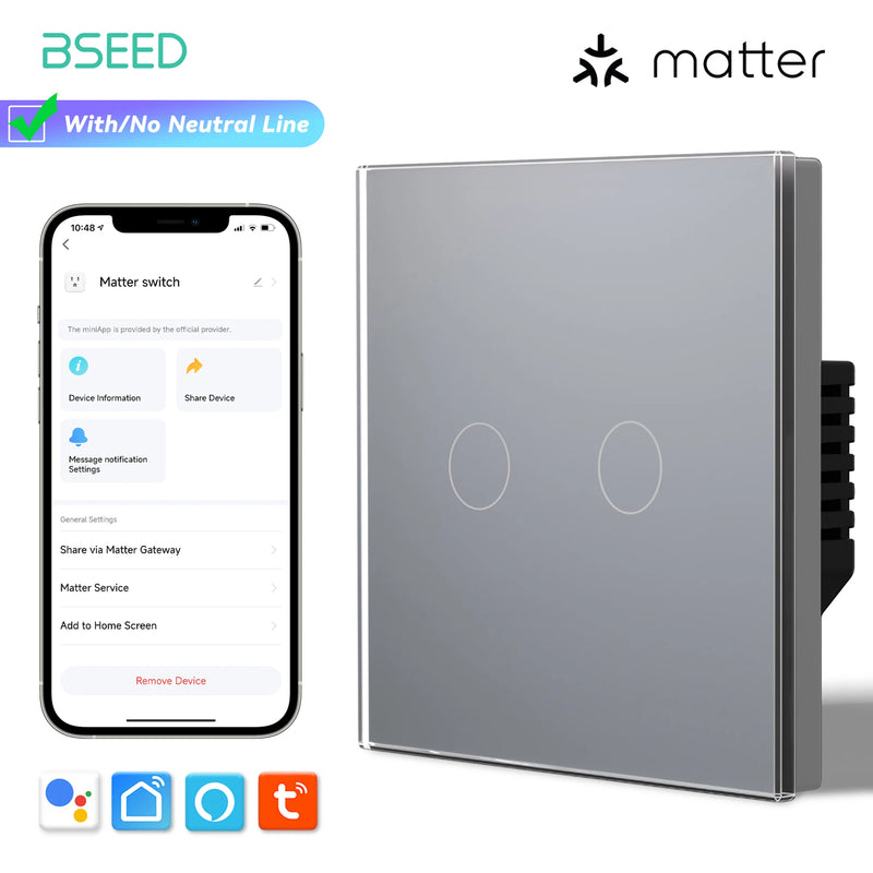BSEED Matter WIFI Touch Switch 1/2/3Gang Smart Light Switch Support Apple Home Tuya APP Google Assistant Alexa Voice Control