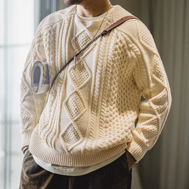 អាវយឺតបុរស Maden Retro Aran រដូវស្លឹកឈើជ្រុះ និងរដូវរងា អាវប៉ាក់ក្រាស់ ពណ៌បន៍ត្នោតខ្ចី កមូល អាវយឺតត្បាញ អាវក្រៅសម្រាប់លេងកម្សាន្តបានច្រើនយ៉ាង