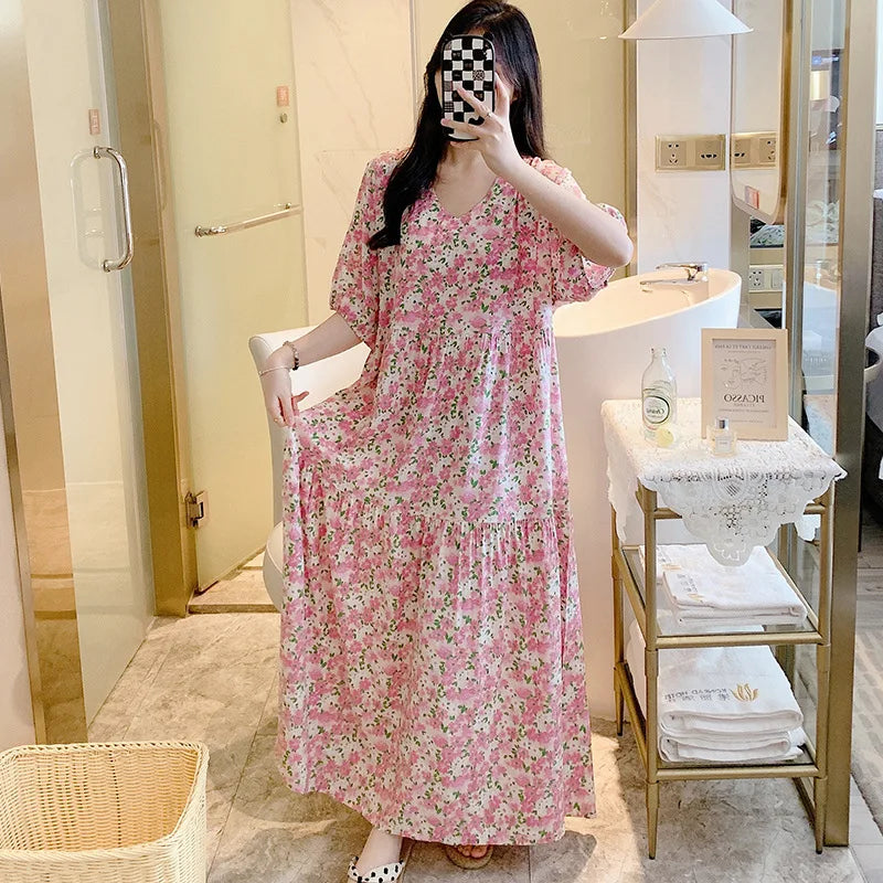 រ៉ូបវែងកូរ៉េថ្មីសម្រាប់ស្ត្រី រ៉ូបរដូវក្តៅដៃខ្លីកប្បាសបោះពុម្ព អាវគេងសម្រាប់ស្ត្រី