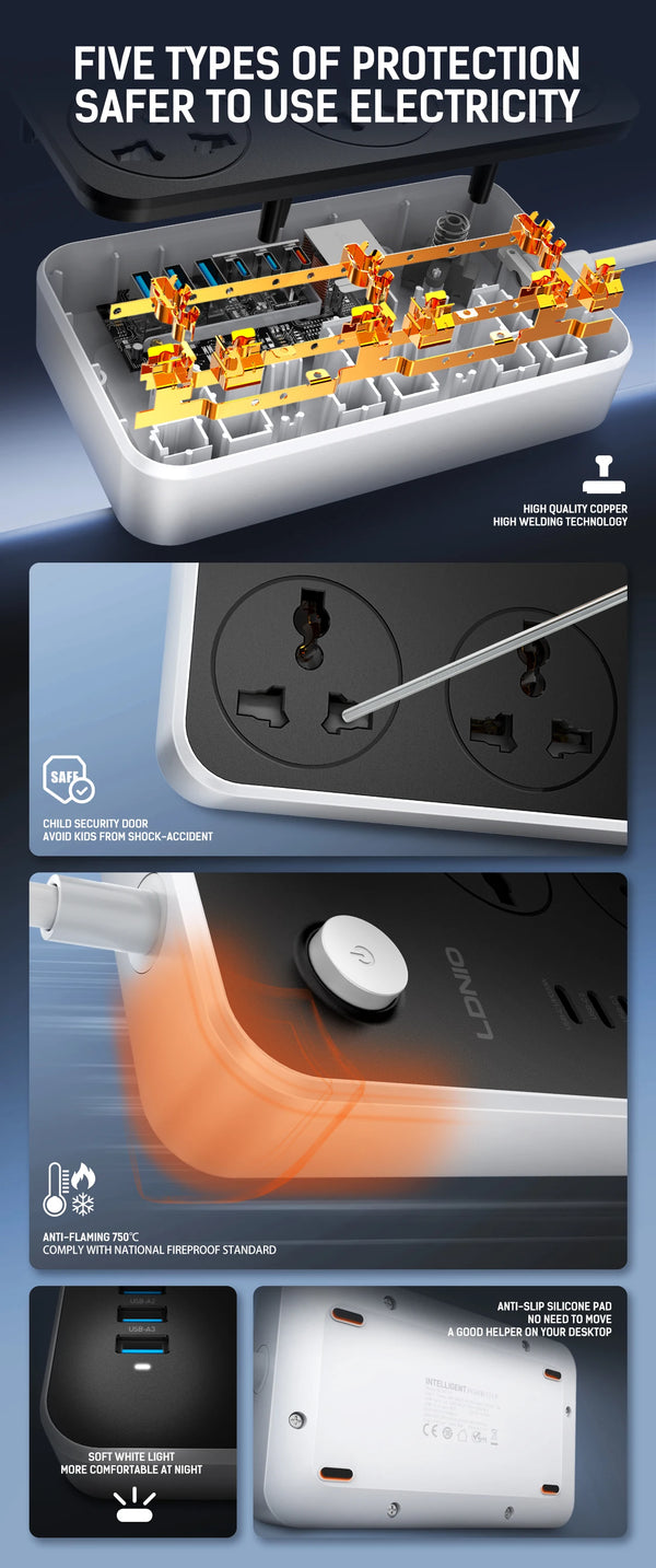 បន្ទះ ភ្លើង សកល LDNIO ប្រភេទ C 6 រន្ធ USB 3 ផ្លូវ រន្ធ ដោត AC រន្ធ ដោត ភ្លើង បន្ថែម 2 ម៉ែត្រ រន្ធ ដោត សាក ភ្លើង EU US UK