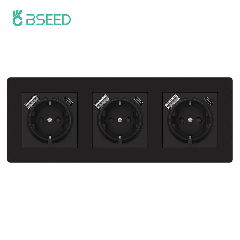 BSEED Single Wall Power Socket Double Type-C USB Phone Charge Port Triple Outlets Black Plastic Panel 16A 110V-240V