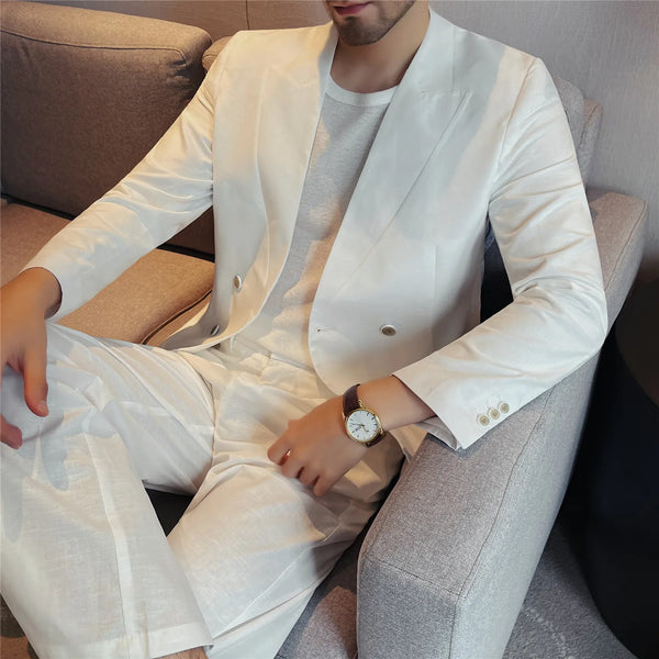 Men's Lightweight Linen45%-Cotton55% Blend Double-Breasted Suit Set – Breathable Collarless Blazer & Trousers Summer Business