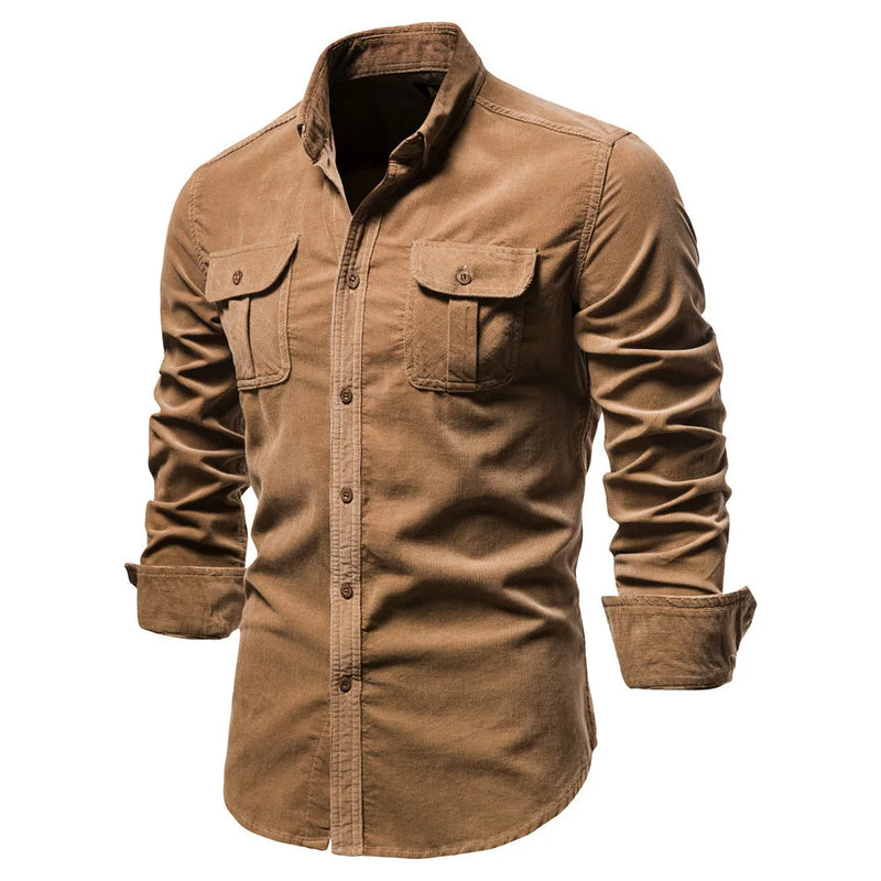 2027 New Men's Long-Sleeve Corduroy Shirt, Single-breasted Lapel, with Two Chest Pockets. Available in Gray, Blue, Green, Brown.