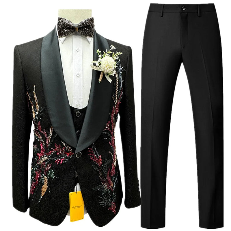 Men’s White Sequin & Crystal Embroidered Shawl Collar Blazer + Vest + Black Slim Fit Trousers - Dazzling Formal Suit Set