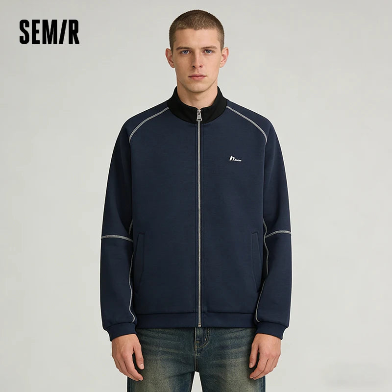 Semir Color Block Jacket Unisex 2026 Spring Knitted Stand Collar Loose Sporty Casual Versatile Fashion Daily Wear Top