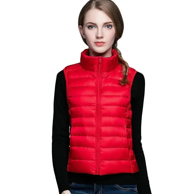 Red Collar Women's Light/thin Sleeveless Vest Jacket, Fashion Short Female Vests, Blue Khaki Green Black Waistcoat, Asian Size