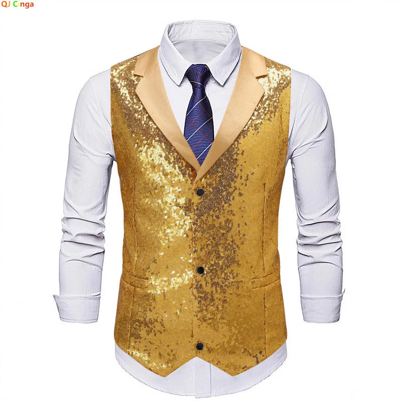 Men's Gold Sleeveless Vest Jacket with Sparkling Round Sequins; Perfect for Weddings, Parties, Performances Silver Waistcoat
