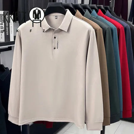 Spring Autumn Mens Lapel Polo Tops High Elastic Wrinkle Resistant Material Simple Chest Letter Print Slim Fit Menswear