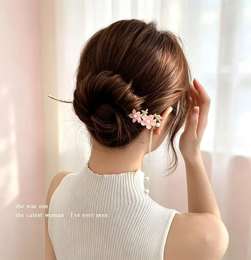 New Chinese Style Flower Tassel Hairpin, Pearl Hair Stick, Elegant Vintage Hair Fork Women Wedding Hair Accessory