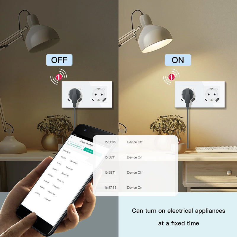 BSEED Zigbee Smart Socket 20W Fast Charge USB Type-C Phone Charge Port Glass Panel Tuya Google Home Alexa Control