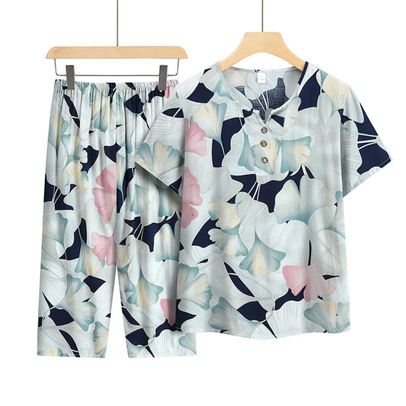 Women's Summer Pajamas Short-Sleeved Night Wear For Ladies Sleepwear Two-piece Middle-aged Pijama Floral Home Wear Pyjama Femme