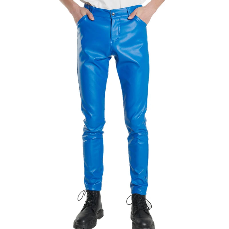 2026 New Men's Leather Pants Fashion Slim PU Trousers Red Blue Black Gray White Pantalones Hombre