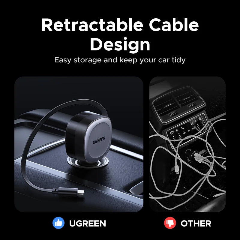 UGREEN 75W Car Charger 2 in 1 Retractable Cable SCP 25W QC PD 30W Fast Car Phone Charger For iPad iPhone 17 16 15 14 Pro Samsung