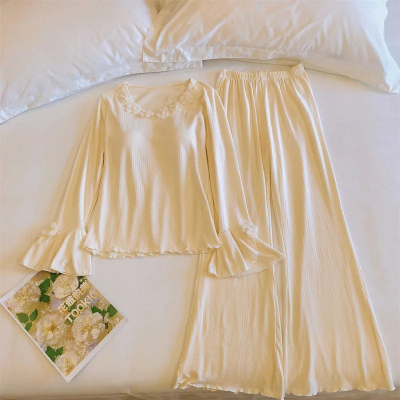 Spring Autumn Women's Pajamas New Homewear Suit Winter Sleepwear Set Cotton Long Sleeve Sleeping Home Clothes Breast Pad Suit
