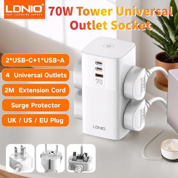 រន្ធដោតភ្លើង LDNIO 7 in 1 2500W Tower Power Socket 70W ស្ថានីយសាកថ្ម USB រន្ធដោតភ្លើង 2 រន្ធ USB-C 2 រន្ធ USB-A ខ្សែបន្ថែម