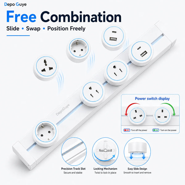 Power Track Socket EU/FR/Italy/Israeli USB Type-C Round Romovable Adapter Home Kitchen Wall Mounted Universal Electrical Outlet