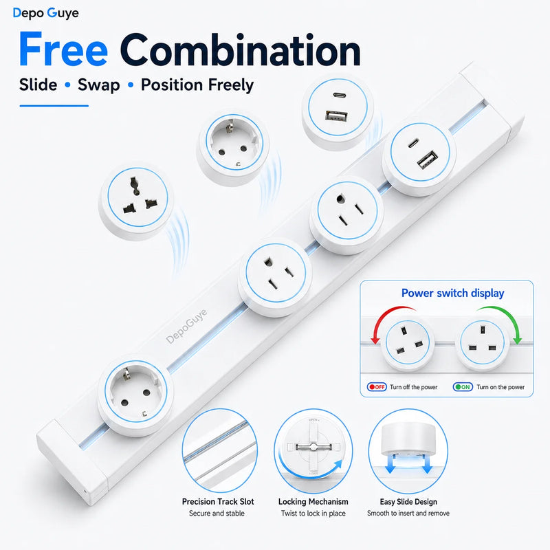 Power Track Socket EU/FR/Italy/Israeli USB Type-C Round Romovable Adapter Home Kitchen Wall Mounted Universal Electrical Outlet