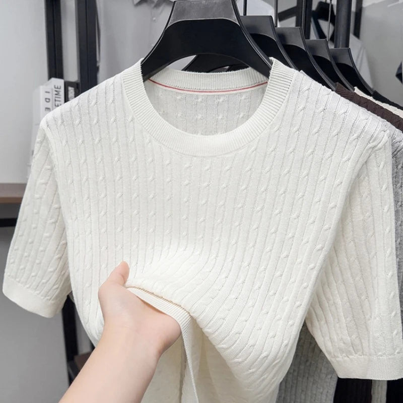 Men's Summer Short Sleeve Knitted Sweater | Linen Blend Crew Neck | Lightweight Breathable Jacquard T-shirt