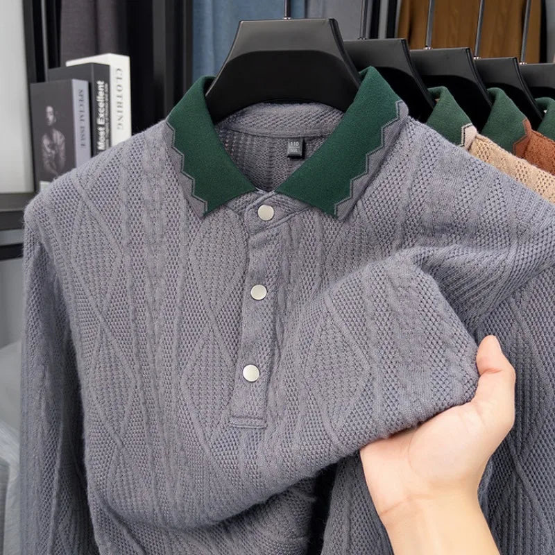 Men's Jacquard Knit Polo Shirt with Color-Blocked Collar - Premium Fabric, Fine Stitching for Business Casual Wear