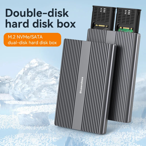 ប្រអប់ Blueendless Dual Bay M2 SSD ប្រភេទ C USB3.2 Gen2 10Gbps M.2 SATA NGFF Dual Protocol អាលុយមីញ៉ូម Alloy PCIe NVMe SSD Enclosure