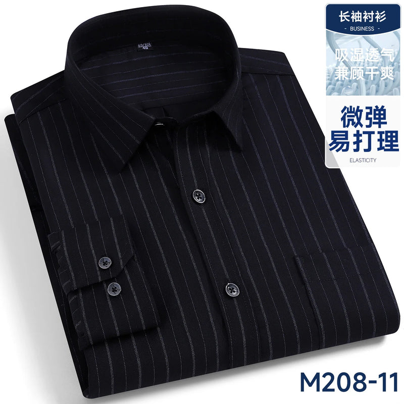 Men's Black Long-sleeve Plaid Shirt for Spring and Fall; Wrinkle-resistant, Quick-drying, Casual Stretch Shirt. White,Gray,Blue.