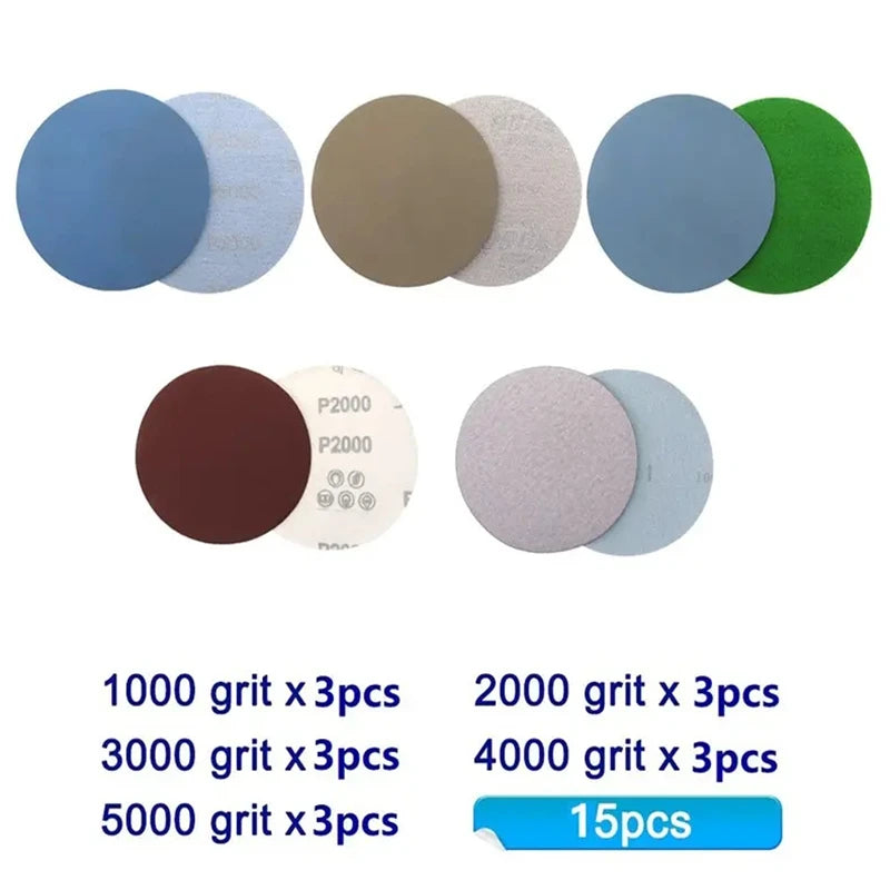 SEAMETAL 15PCS 125mm Inches Grit 1000 2000 3000 4000 5000 Sanding Discs Hook Loop Sandpaper Round Disk for Car Accessories