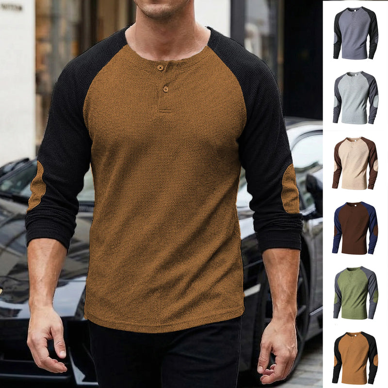 Men's Autumn Outdoor Breathable Long - Sleeve Round - Neck Waffle Knit Sweatshirt with Raglan Sleeve Splicing
