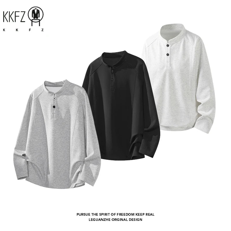 Male Raglan Sleeve Henley Pullover Stand Collar Two Button Long Sleeve Breathable Fabric Casual Travel Garment