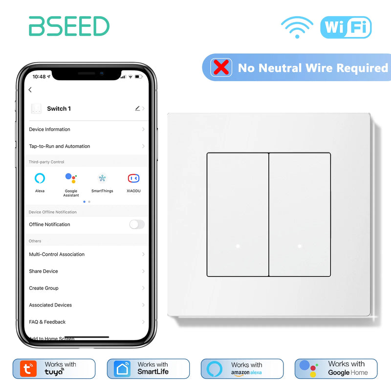 BSEED E Series WIFI Light Switch 1/2/3/4Gang Smart Click Button Switch Plastic Frame LED Indicator Tuya Smart Life No Neutral
