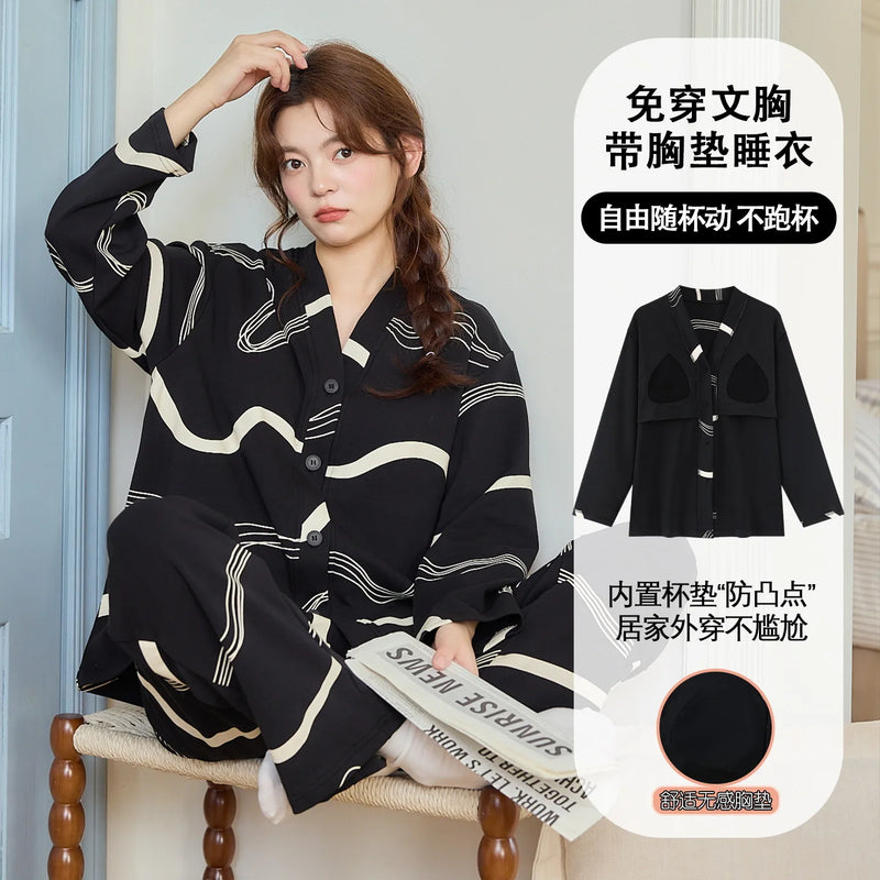Chest Pad Long Sleeve Shirt Trousers Sets Big Size Women's Pajamas Cartoon Printed Cotton Sleepwear For Sleeping Home Suit