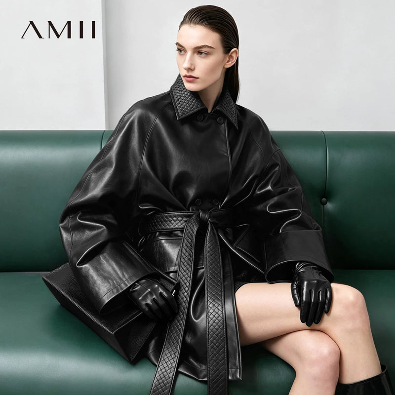 Amii Women's Oversize Faux Leather Jacket Lapel Collar Belt Raglan Sleeve Fashion Coat 2026 Autumn Trend Woman Clothing 12653017