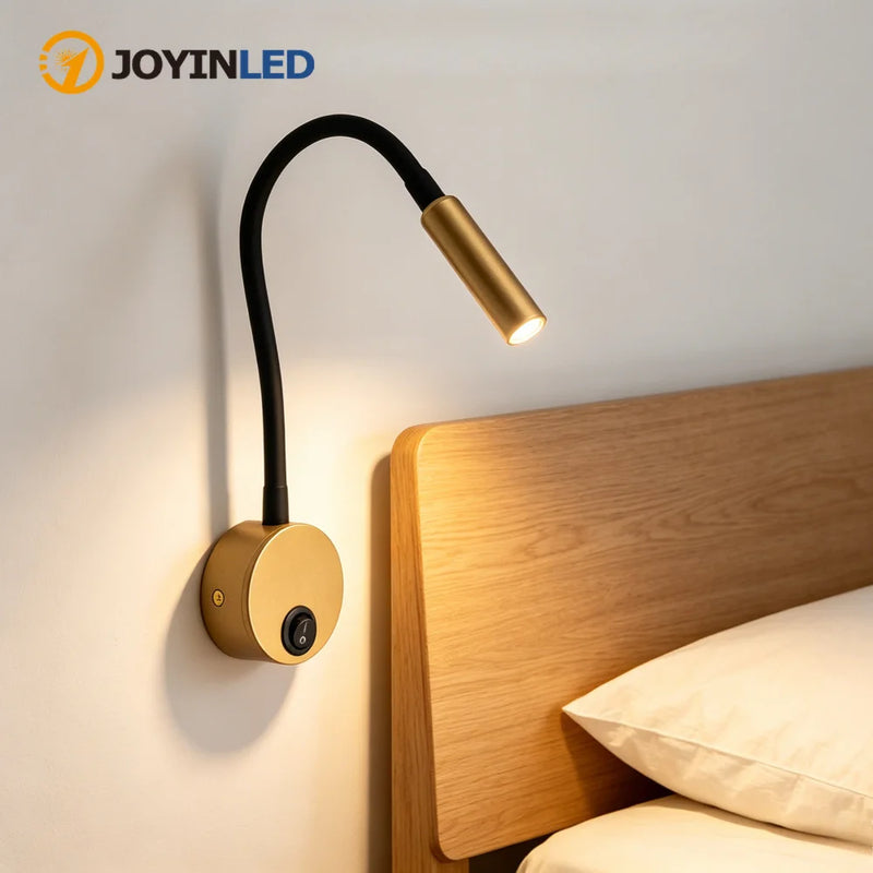 JOYINLED Black/Gold 3W Gooseneck Wall Lamp Flexible Adjustable with Switch Work Study Sconce Bedroom Bedside Reading Night Light