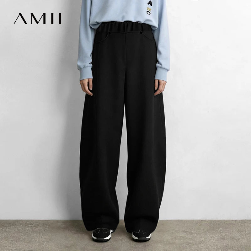 Amii Women's Curved Barrel Pants Elastic Waist Loose Fit Warm Slimming Casual Commuter Winter 2026 Female clothing 12624021